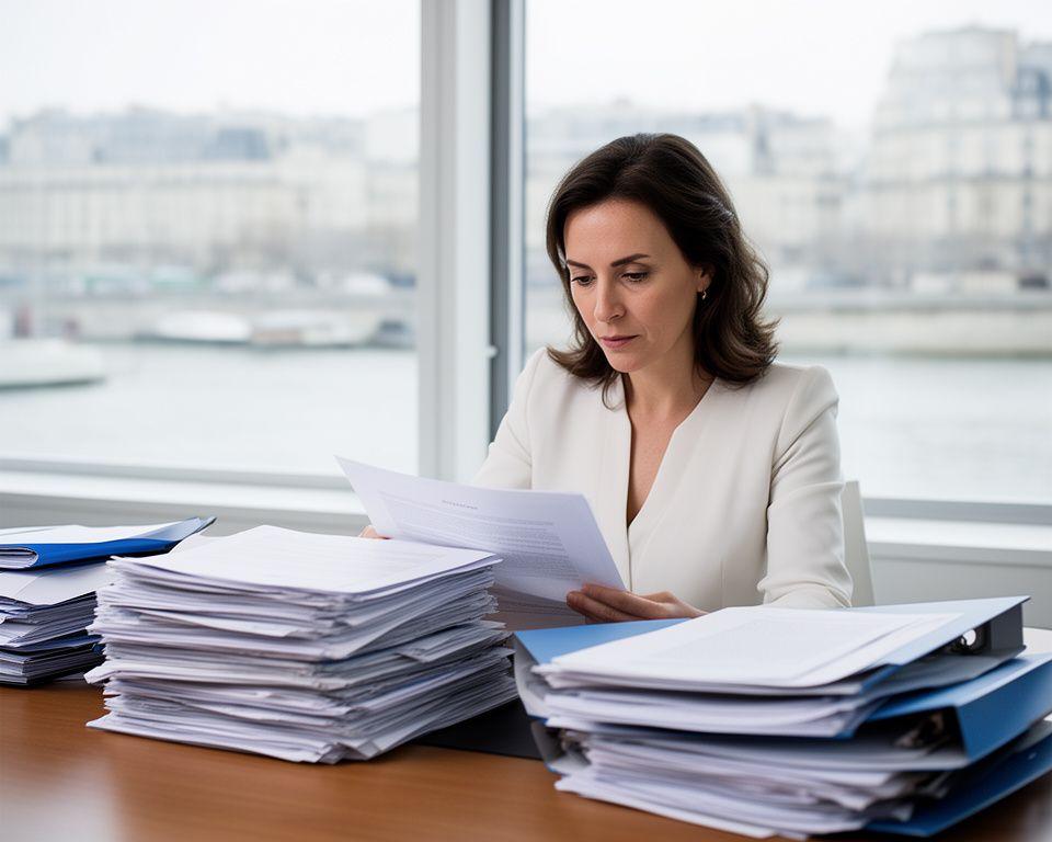 Avocate et associé examinant un dossier juridique dans un bureau parisien moderne avec des piles de documents et une vue sur la Seine